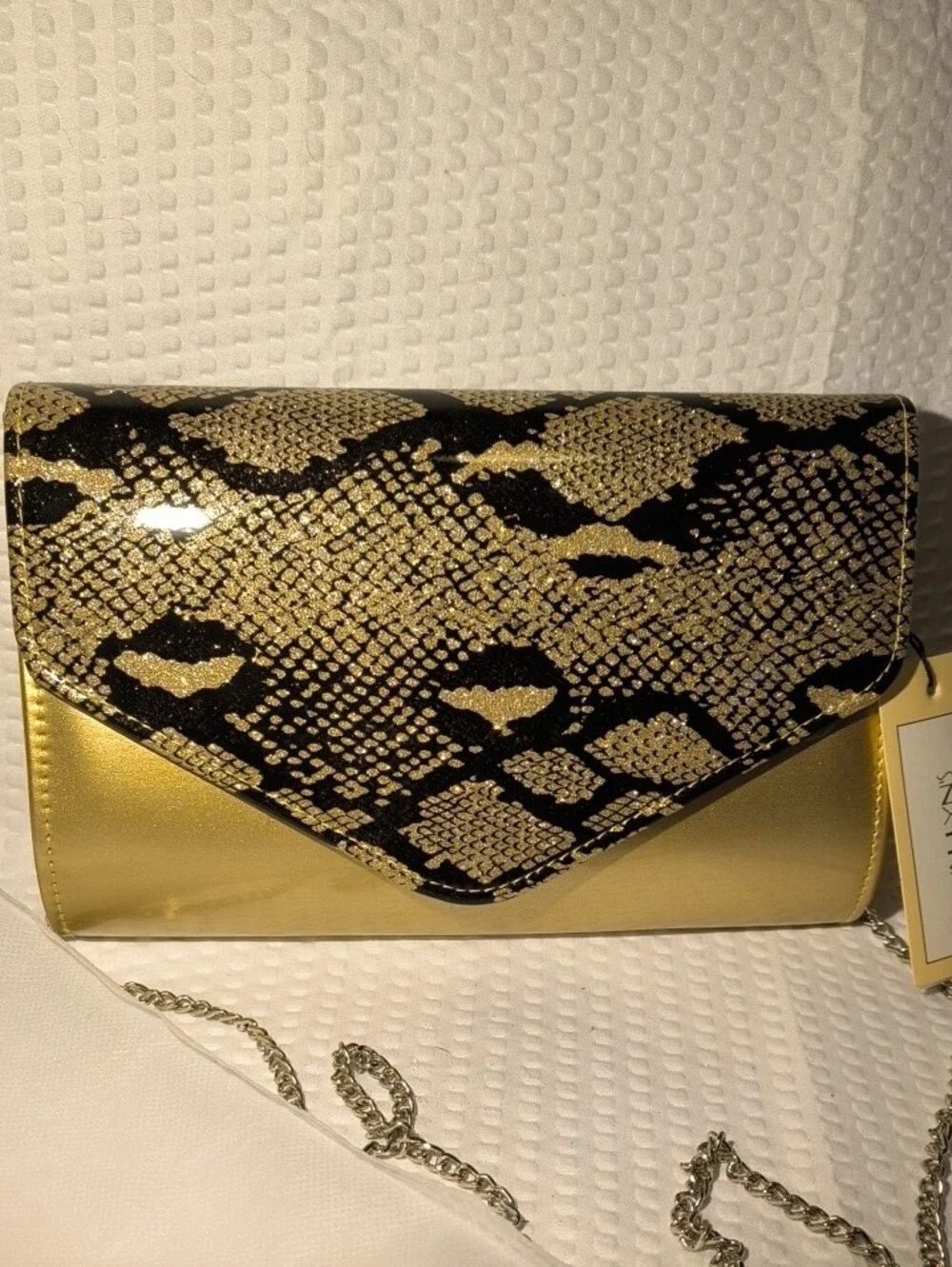 WALLYN'S Metallic Gold & Snake Print Envelope Convertible Bag. & Dustbag